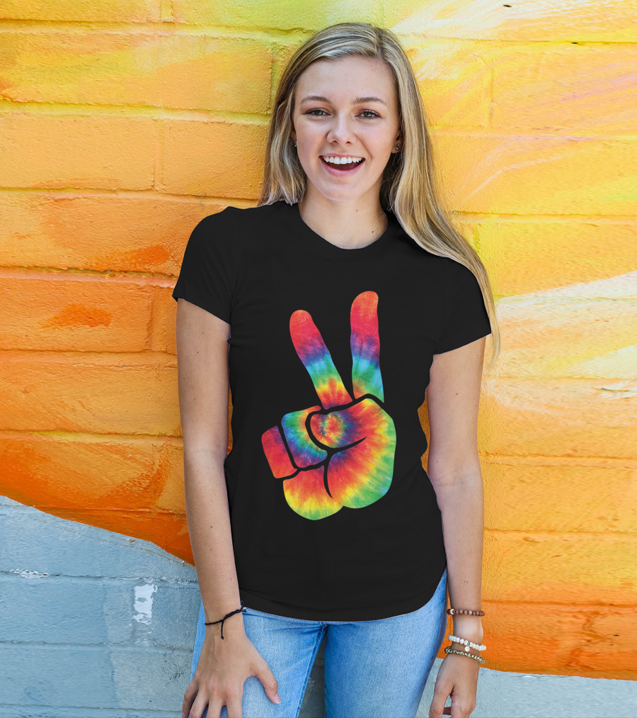 Hippie Tie Dye Peace Hand Colortone Rainbow T-Shirt
