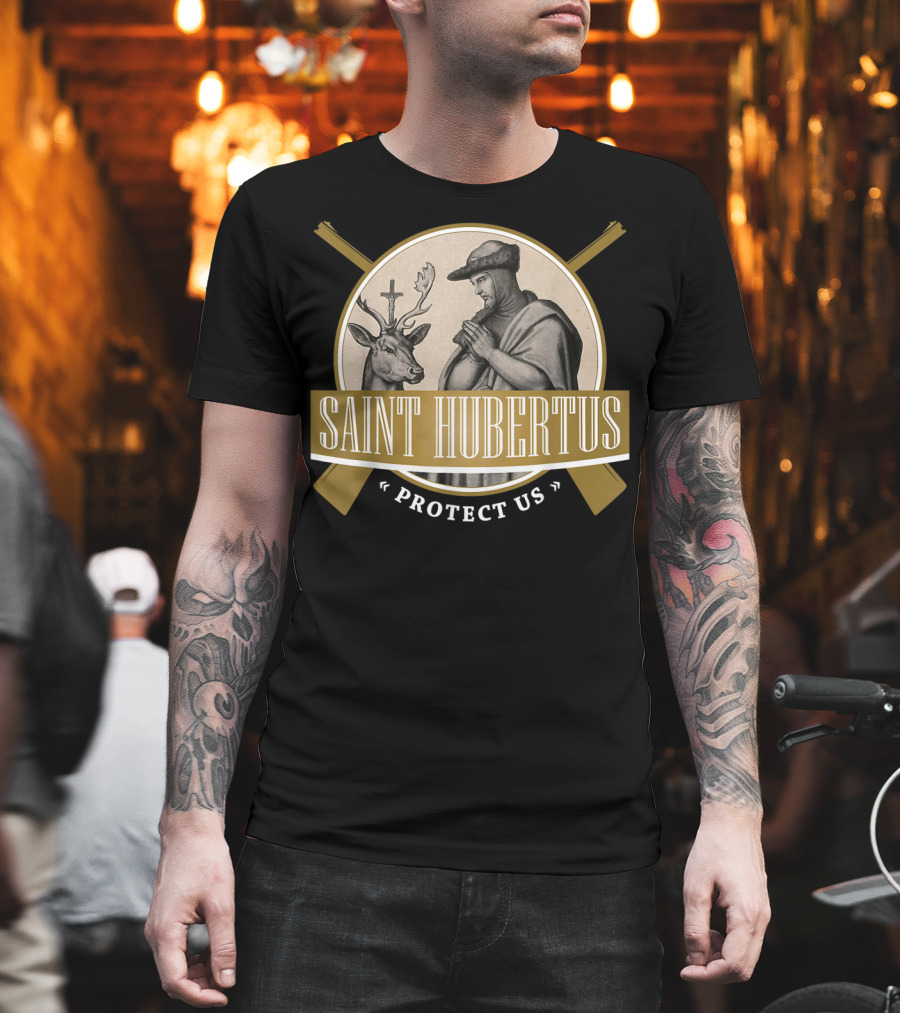 Saint Hubertus Protect Us Hubertus Patron Saint of Hunters Hubert Rifle T-Shirt
