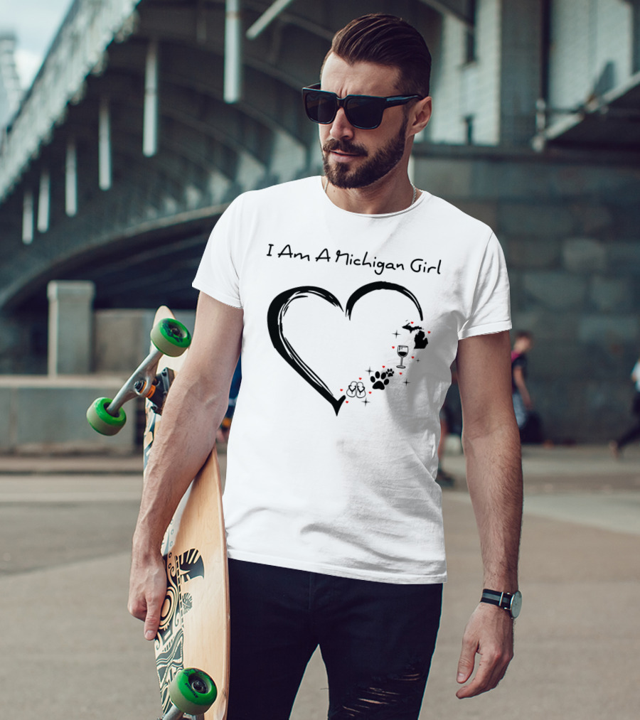 I Am A Michigan Girl Heart Wine Glass Dog Paw Print Flip Flops T-Shirt