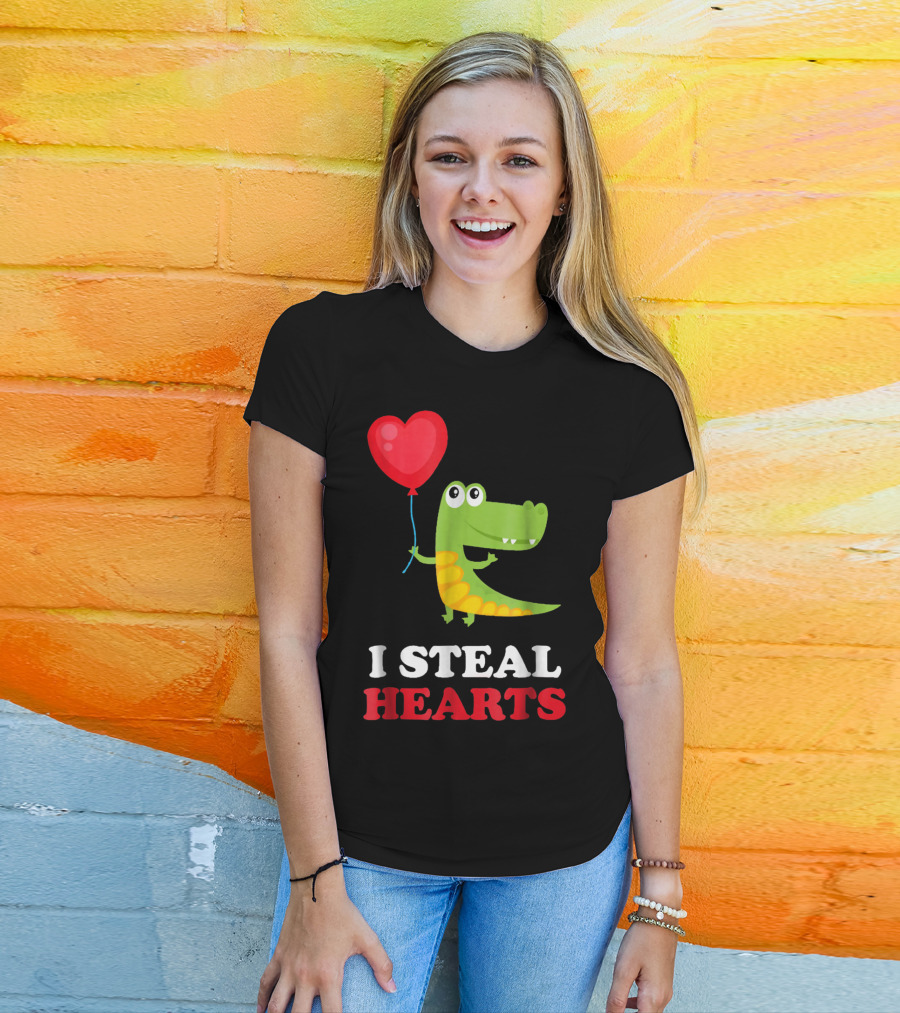 I Steal Hearts Dinosaur Holding Balloon Valentines Day T-Shirt