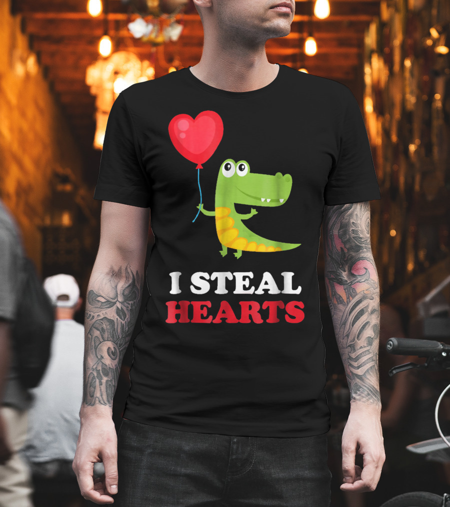 I Steal Hearts Dinosaur Holding Balloon Valentines Day T-Shirt