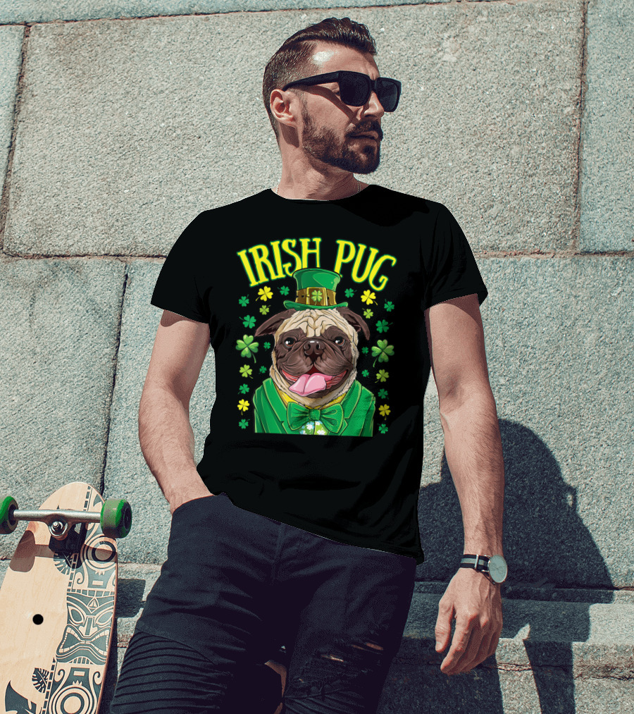 Irish Pug Leprechaun St Patricks Day Boys Dog Shamrock Hat Bow Tie T-Shirt
