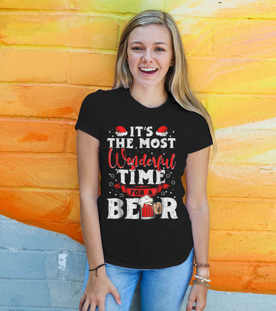 It's The Most Wonderful Time For A Beer Santa Hat Bubbles Cheers T-Shirt