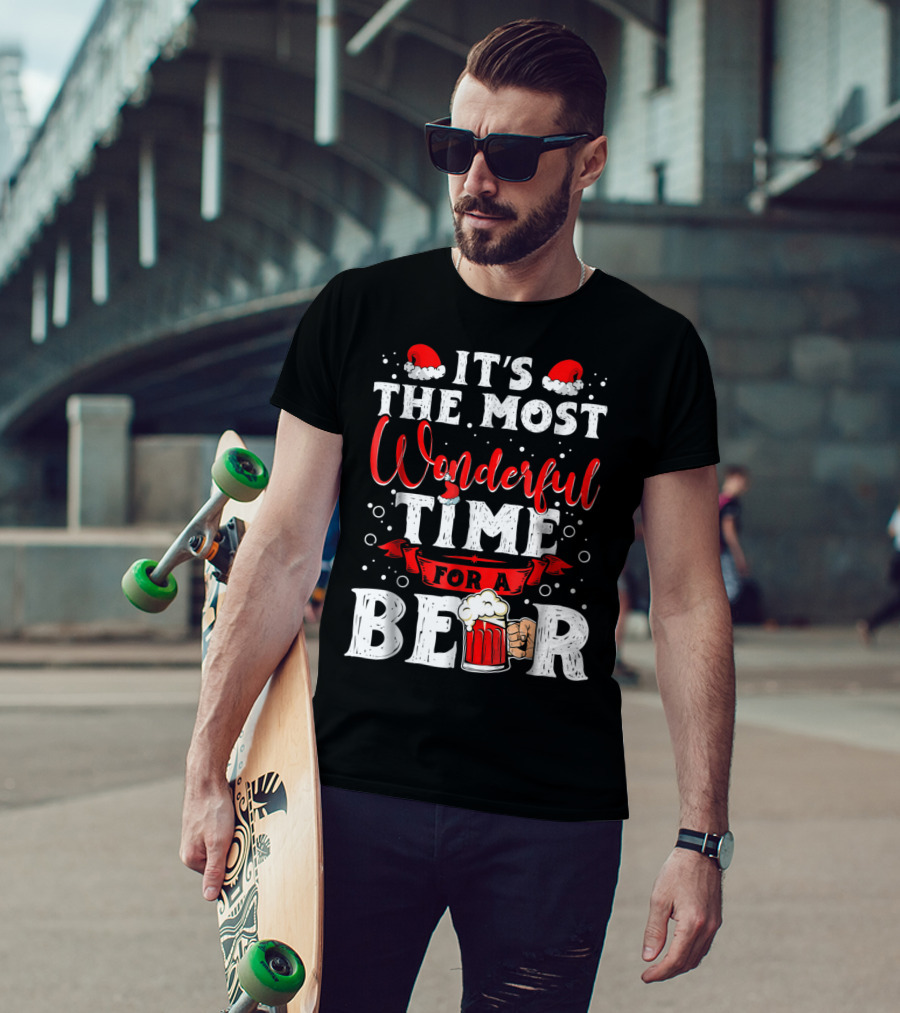 It's The Most Wonderful Time For A Beer Santa Hat Bubbles Cheers T-Shirt