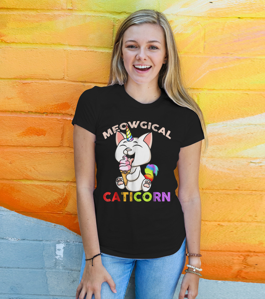 Meowgical Caticorn Rainbow Cat Unicorn Eating Ice Cream Cone T-Shirt