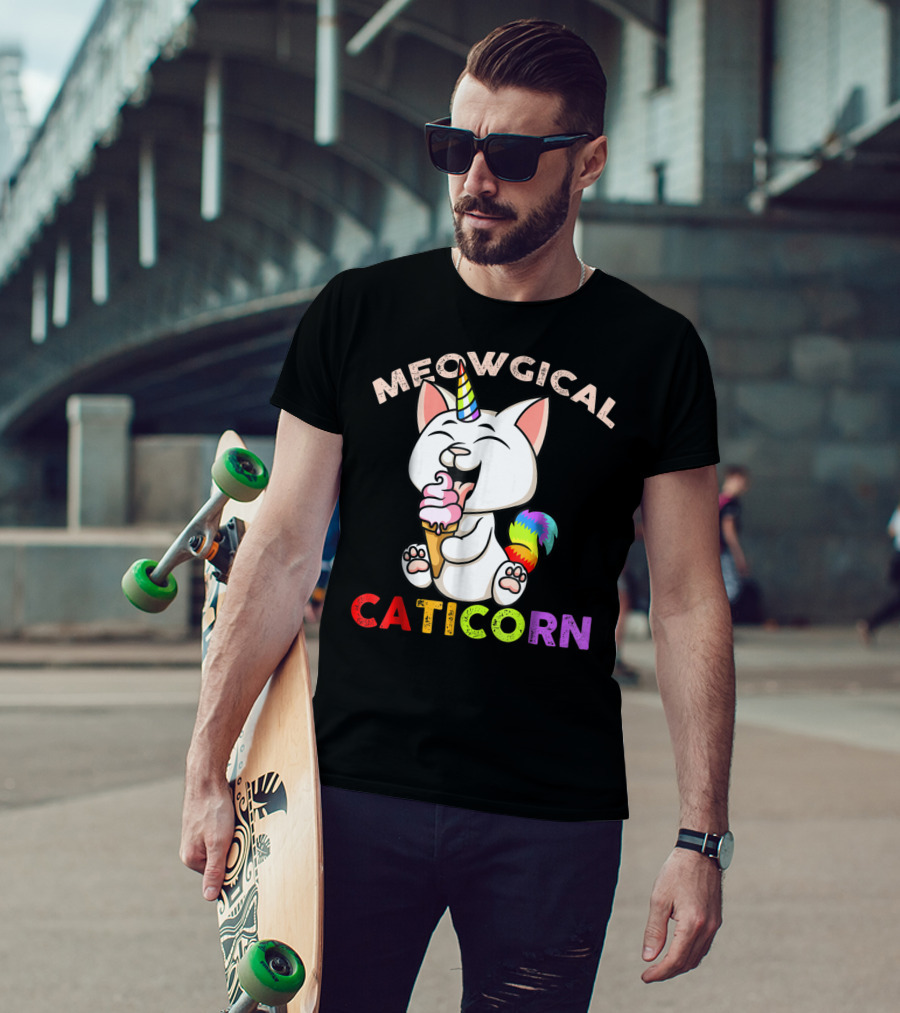 Meowgical Caticorn Rainbow Cat Unicorn Eating Ice Cream Cone T-Shirt