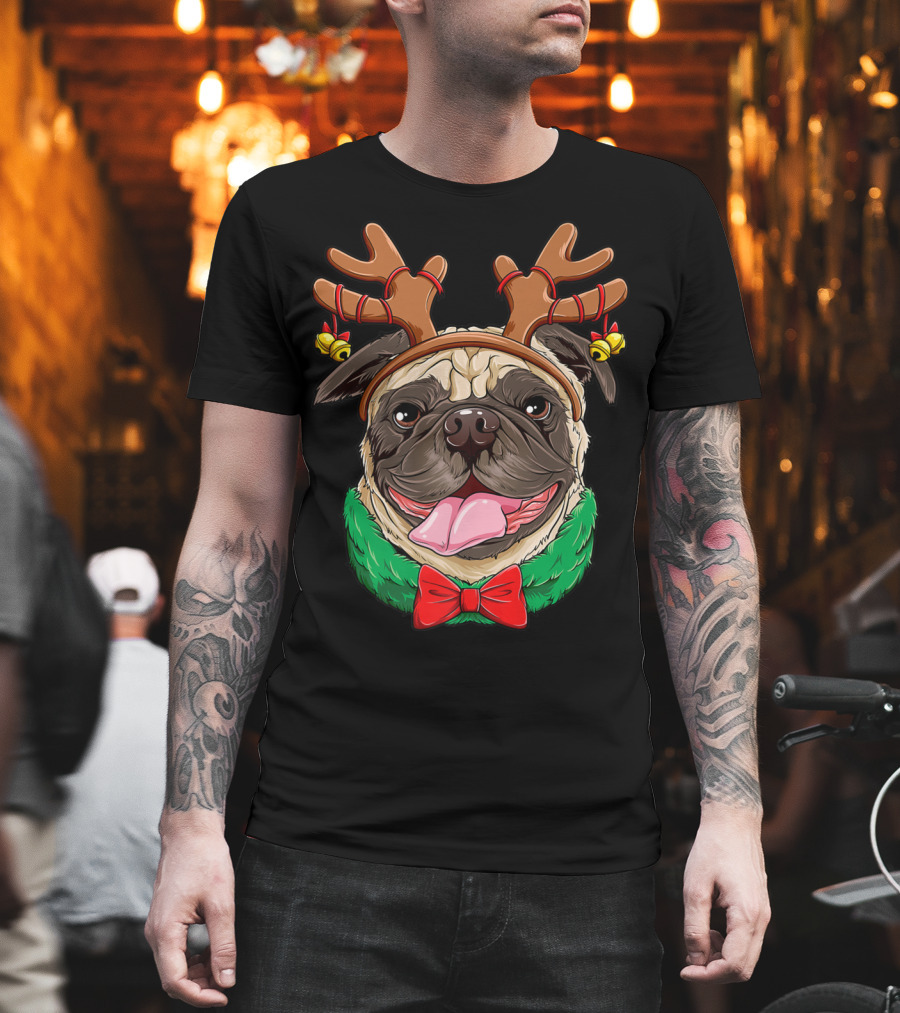 Pug Christmas Reindeer Antlers Dog Xmas Girls S6 Holiday Bow Wrapping Bells T-Shirt