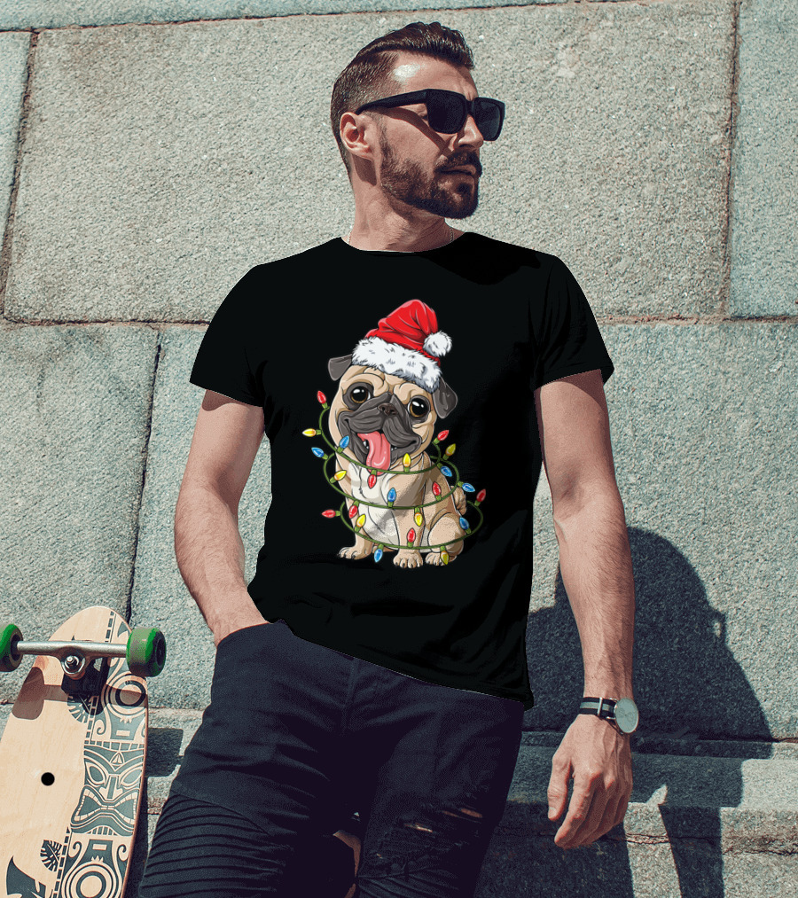 Pug Wearing Santa Hat Wrapped In Xmas Lights For Christmas T-Shirt