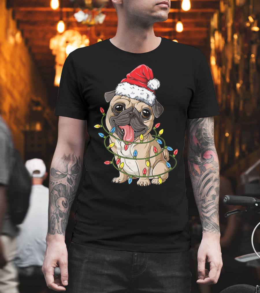 Pug Wearing Santa Hat Wrapped in Xmas Lights for Christmas T-Shirt