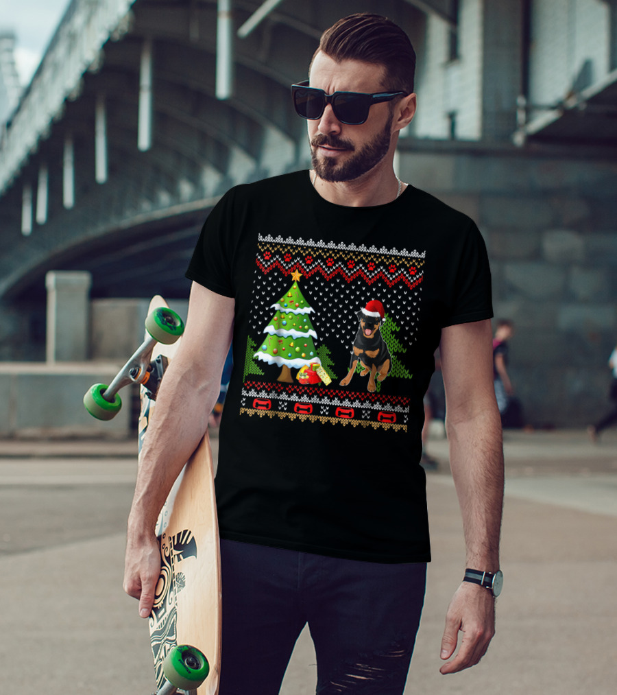 Rottweiler Santa Christmas Ugly Dog Sweater Tree And Gifts T-Shirt