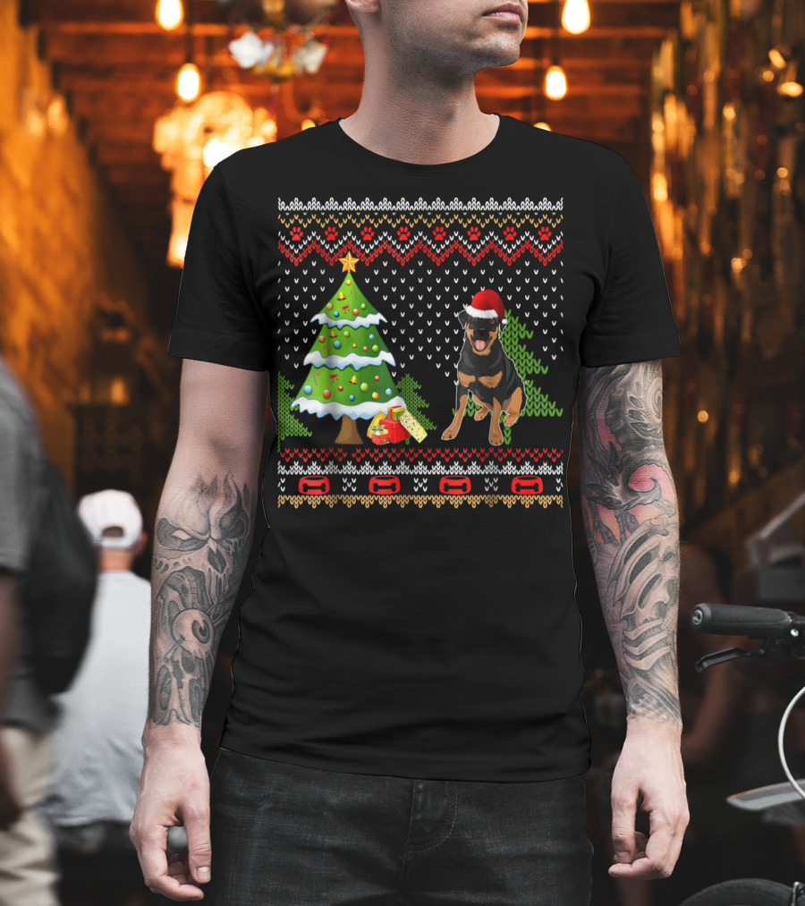 Rottweiler Santa Christmas Ugly Dog Sweater Tree and Gifts T-Shirt
