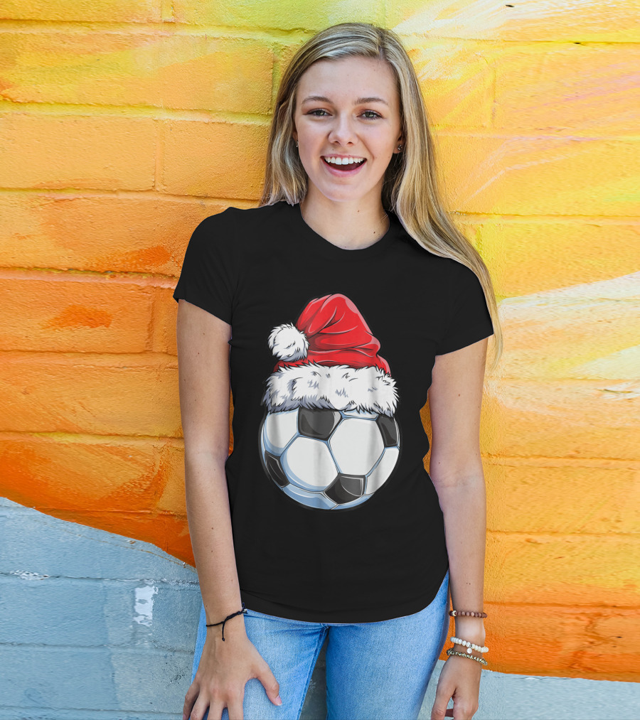 Santa Hat On Soccer Ball Christmas Xmas T-Shirt