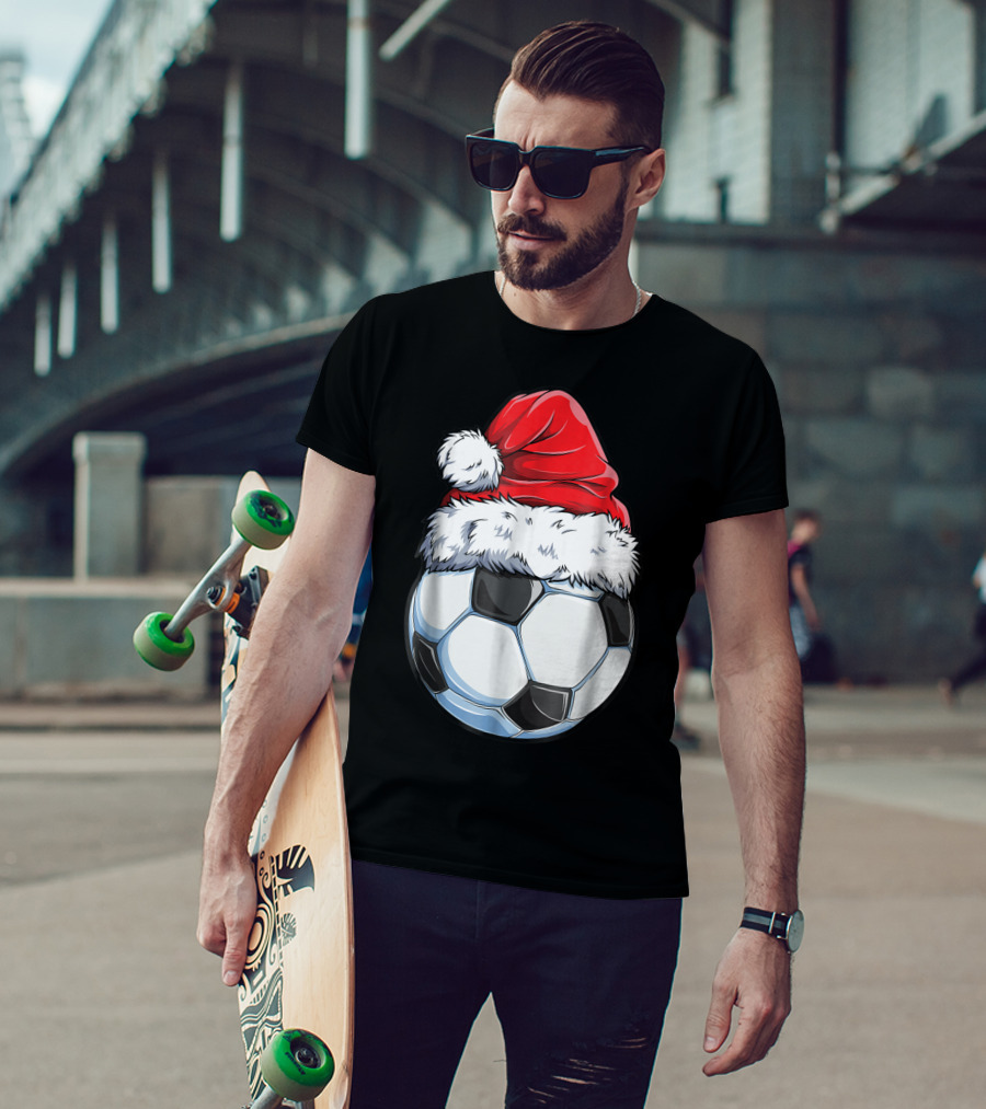 Santa Hat On Soccer Ball Christmas Xmas T-Shirt