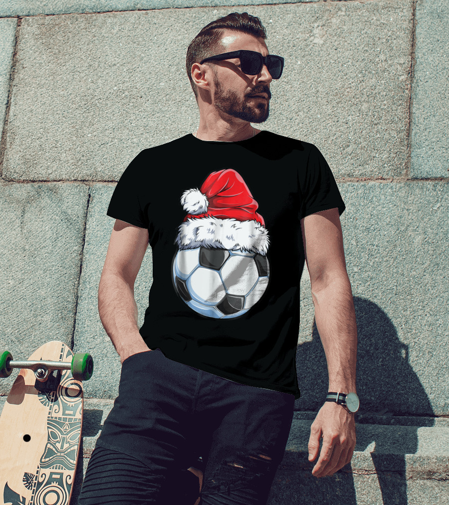 Santa Hat On Soccer Ball Christmas Xmas T-Shirt