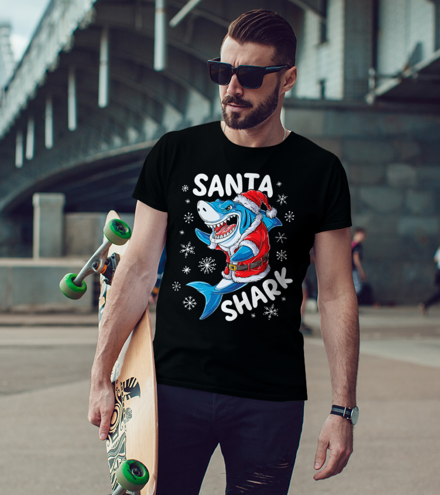 Santa Shark Holiday Cheer Snowflakes T-Shirt