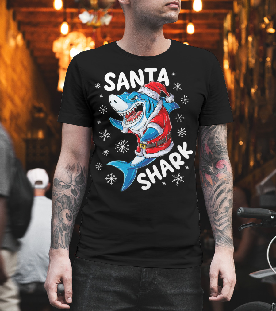 Santa Shark Holiday Cheer Snowflakes T-Shirt