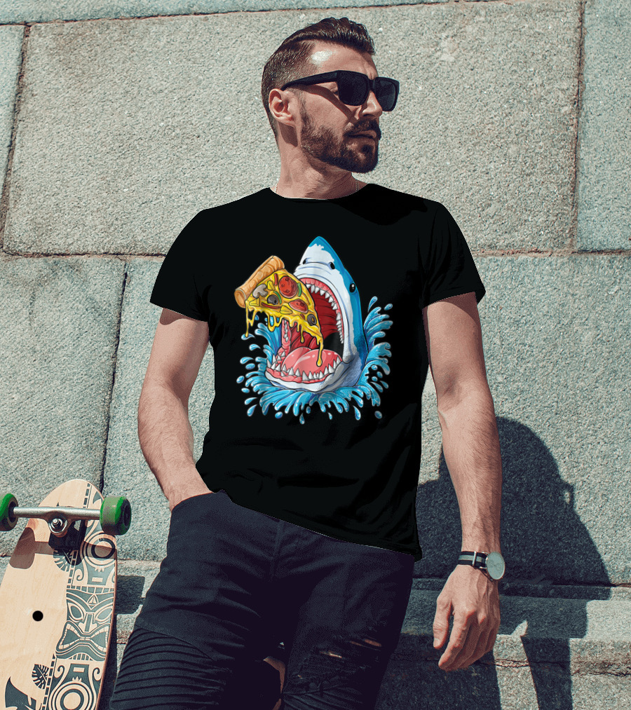 Shark Eating Pizza Splash Kids Boys Food Lovers T-Shirt