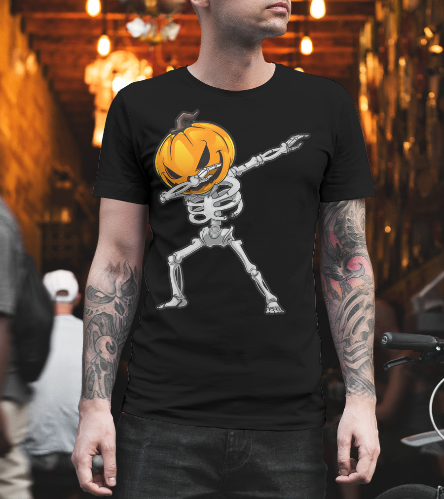 Skeleton Dabbing Halloween Scary Pumpkin Head Dance T-Shirt