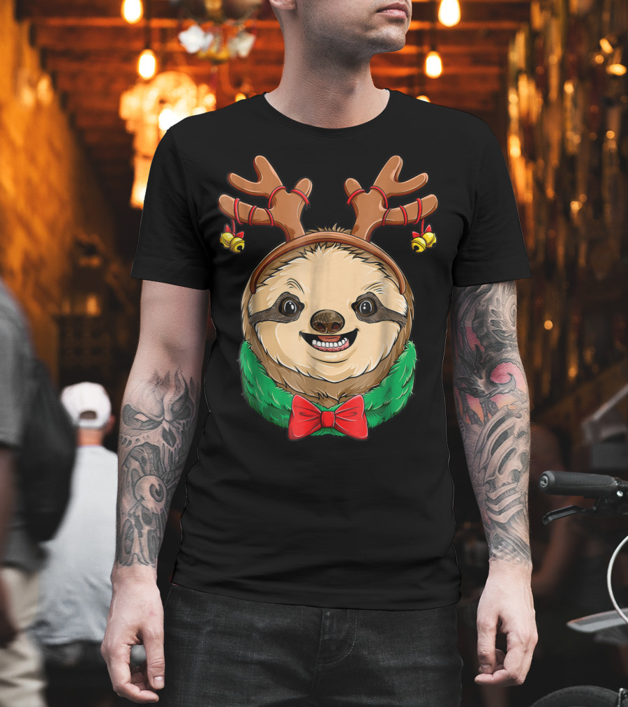 Sloth Christmas Reindeer Antlers Slothmas Xmas Festive Bow and Bells T-Shirt