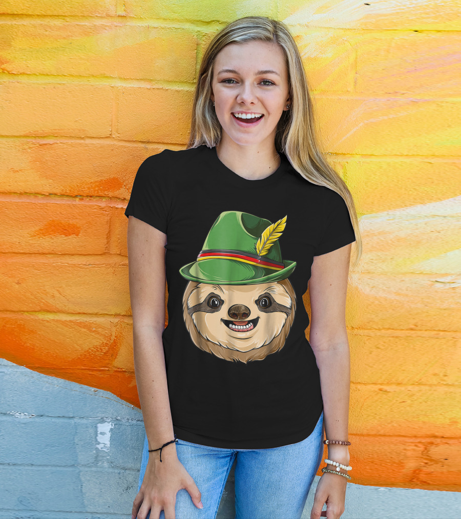 Sloth Oktoberfest Lederhosen Hat With Feather T-Shirt