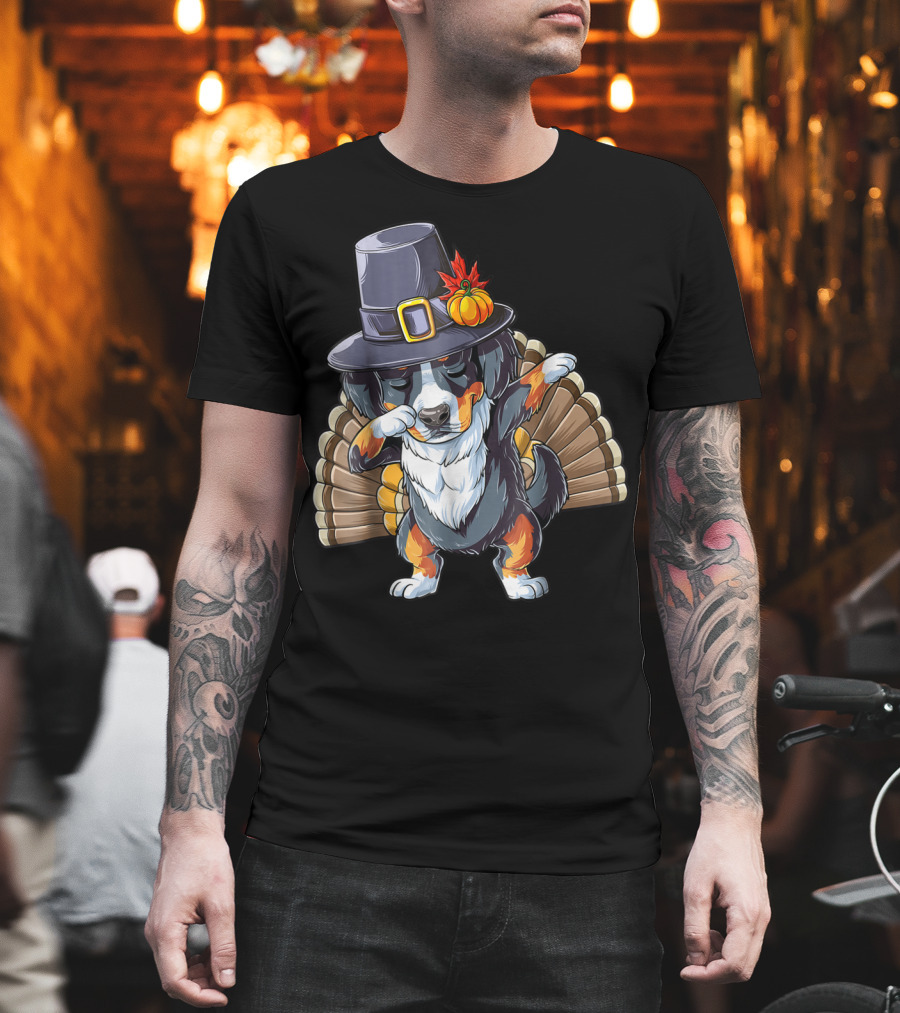 Thanksgiving Dabbing Pilgrim Bernese Mountain Dog Turkey T-Shirt