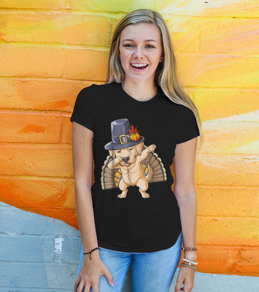 Thanksgiving Labrador Dabbing In Pilgrim Hat With Turkey Feathers T-Shirt
