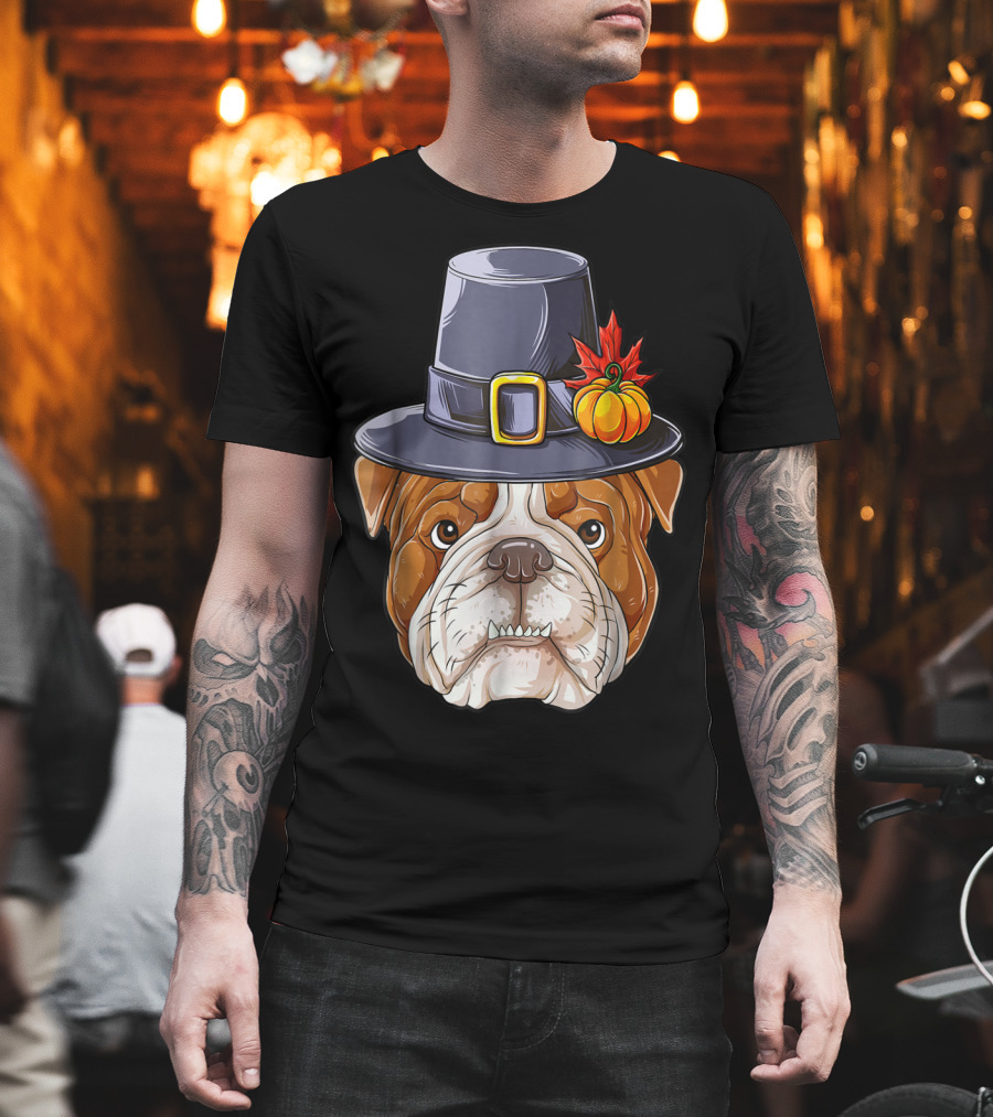 Thanksgiving Kids English Bulldog Pilgrim Hat Pumpkin Maple Leaf T-Shirt
