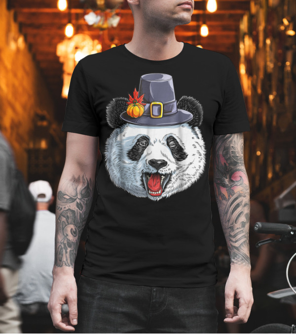 Thanksgiving Panda in Pilgrim Hat with Pumpkin and Leaves T-Shirt Thanksgiving Panda in Pilgrim Hat with Pumpkin and Leaves T-Shirt