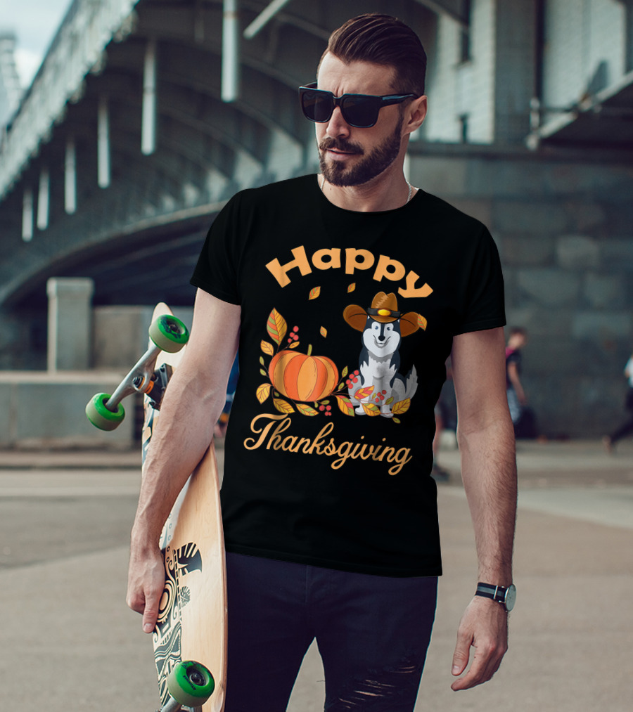 Happy Thanksgiving Siberian Husky With Pumpkin And Fall Leaves T-Shirt