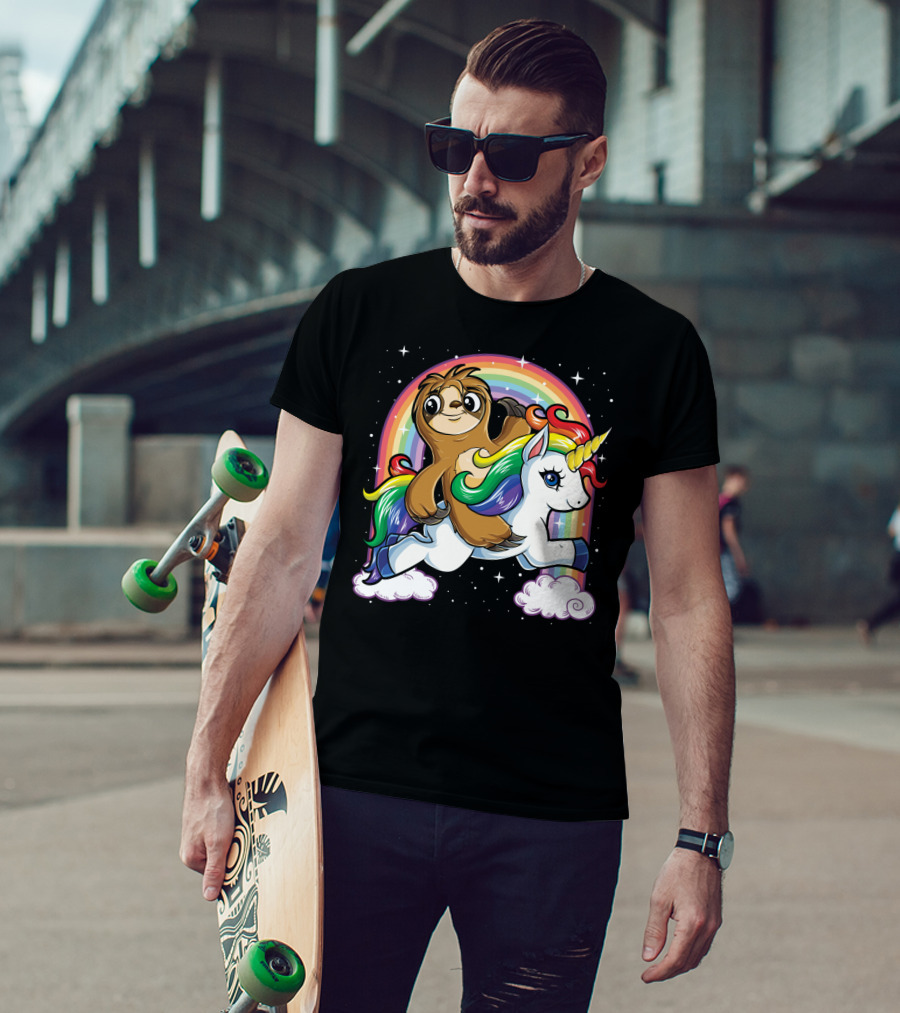 Sloth Riding Unicorn Rainbow Slothicorn Women Kids Fun T-Shirt