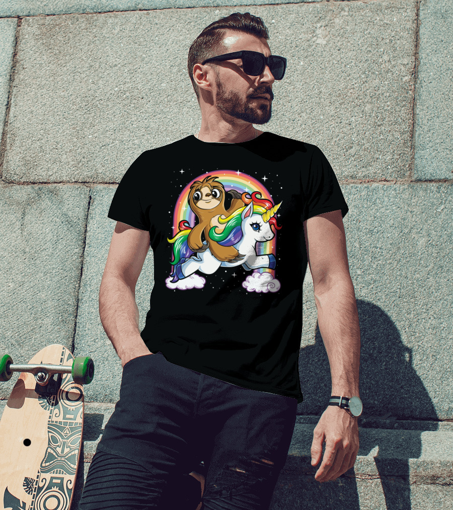 Sloth Riding Unicorn Rainbow Slothicorn Women Kids Fun T-Shirt