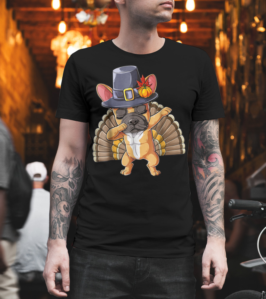 Thanksgiving Dabbing French Bulldog Pilgrim Hat Turkey Tail T-Shirt