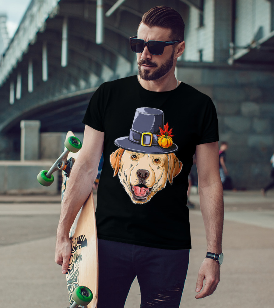 Thanksgiving Dog In Pilgrim Hat With Pumpkin And Leaf T-Shirt