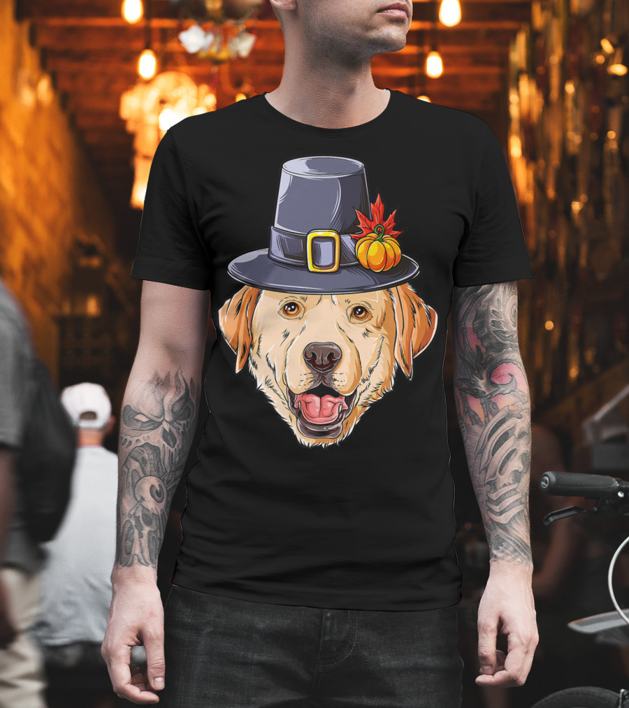 Thanksgiving Dog in Pilgrim Hat with Pumpkin and Leaf T-Shirt