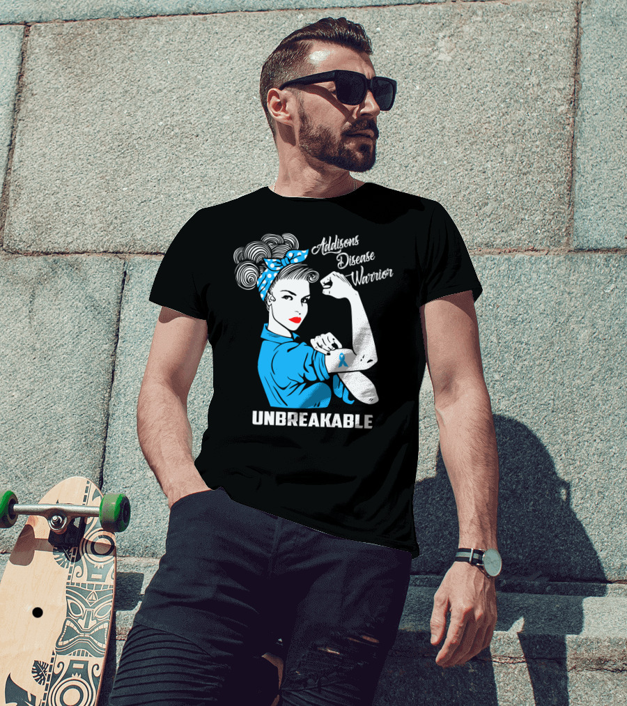Addisons Disease Warrior Unbreakable Awareness Woman With Ribbon T-Shirt
