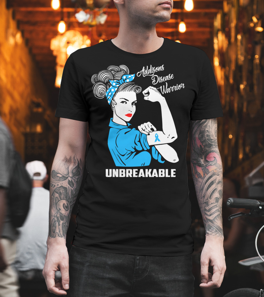 Addisons Disease Warrior Unbreakable Awareness Woman with Ribbon T-Shirt