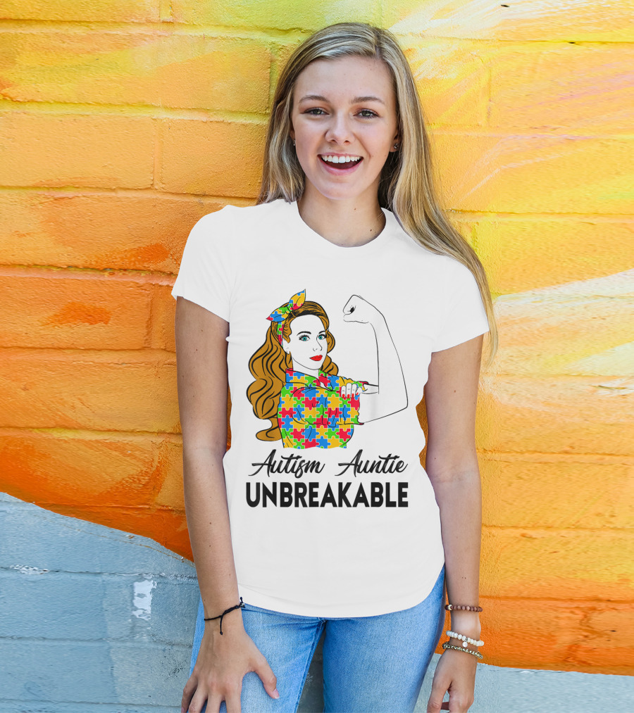 Unbreakable Auntie Autism Awareness Puzzle Colors Rosie The Riveter T-Shirt