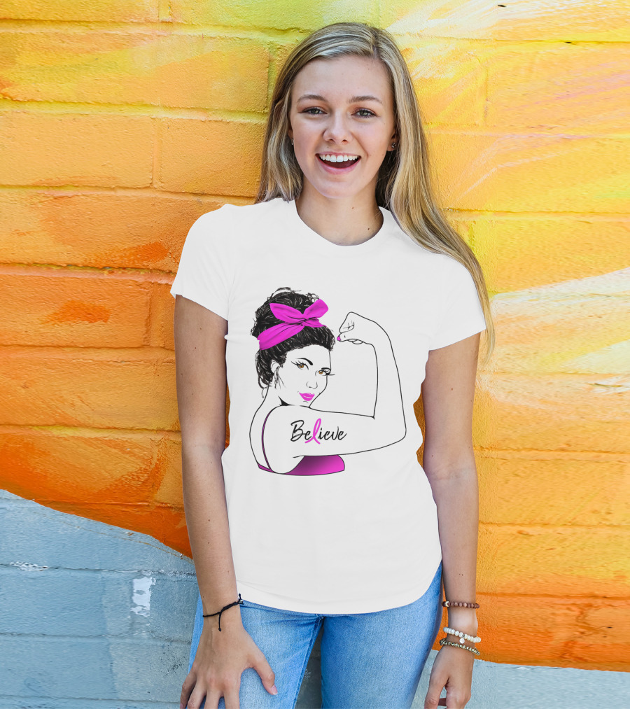 Breast Cancer Believe Unbreakable Rosie Pink Ribbon Power T-Shirt