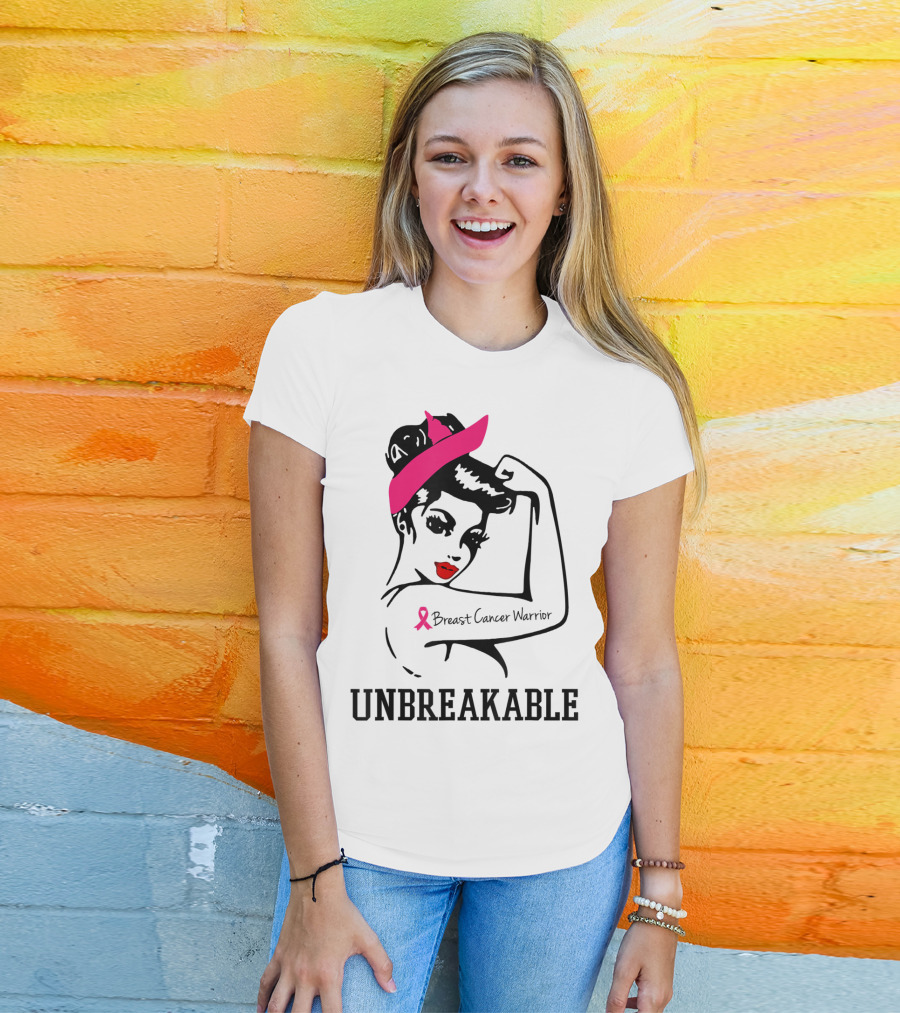 Unbreakable Breast Cancer Warrior Rosie The Riveter Pink T-Shirt