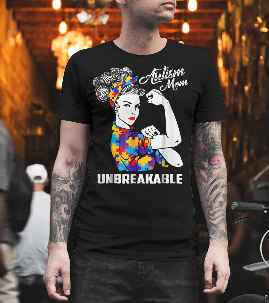 Autism Mom Unbreakable Autism Awareness Rosie the Riveter Puzzle T-Shirt