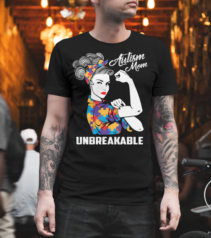 Autism Mom Unbreakable Mama Autism Puzzle Pattern Iconic Rosie Riveter T-Shirt