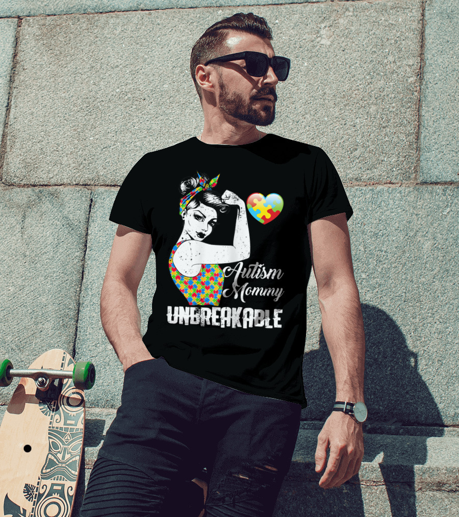 Autism Mommy Unbreakable Puzzle Heart Rosie The Riveter T-Shirt