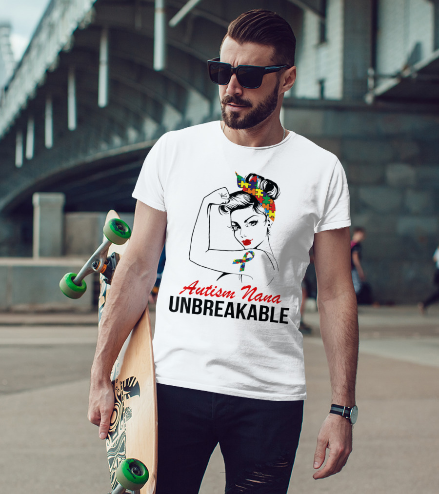 Autism Nana Unbreakable With Puzzle Ribbon And Rosie The Riveter T-Shirt