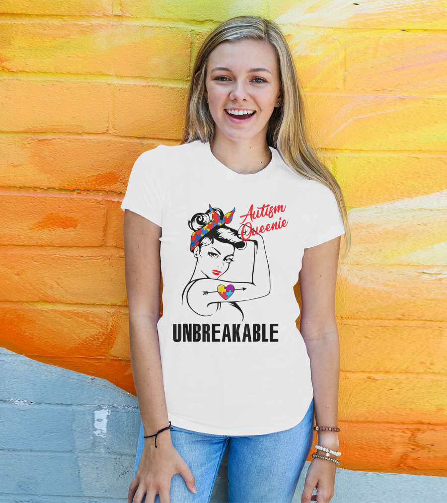 Autism Queenie Unbreakable With Puzzle Heart And Headscarf T-Shirt