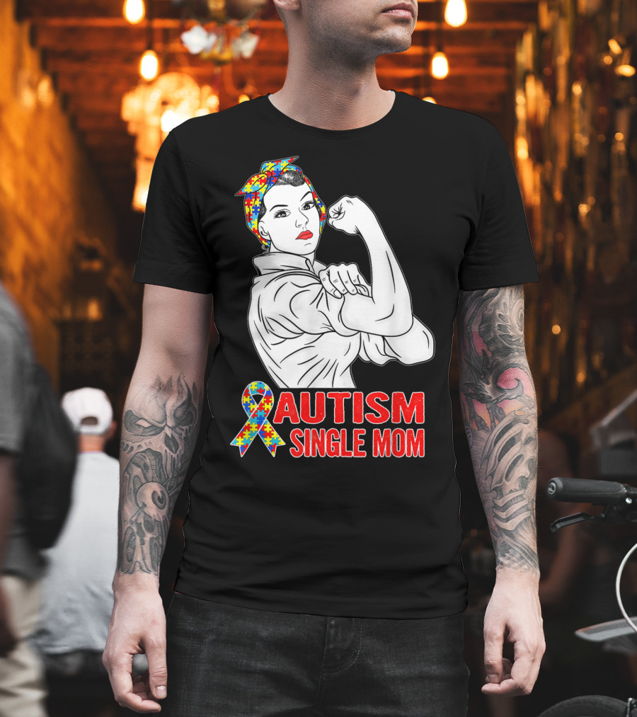 Autism Single Mom Unbreakable Awareness Rosie the Riveter Puzzle T-Shirt
