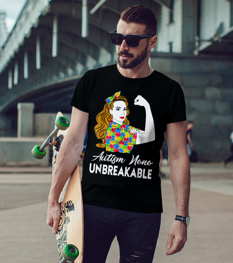 Autism Nono Unbreakable Autism Awareness Puzzle Pattern Rosie The Riveter T-Shirt
