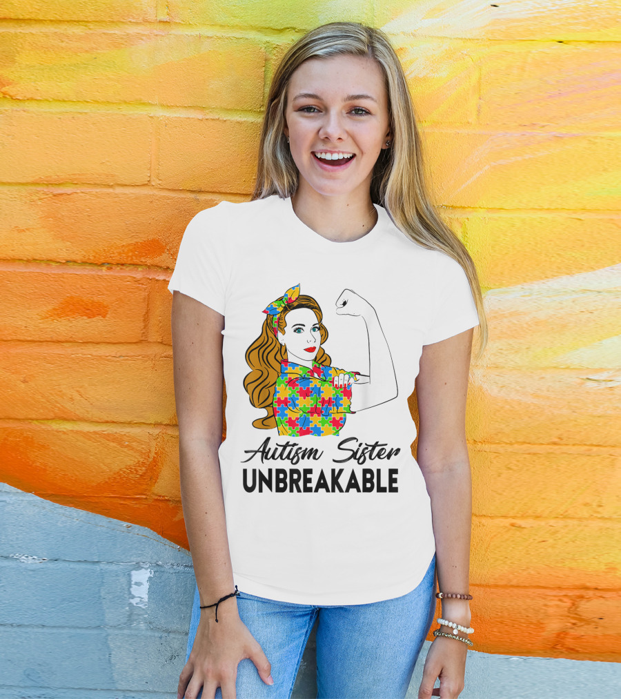 Autism Sister Unbreakable Autism Awareness Puzzle Pattern Rosie The Riveter T-Shirt