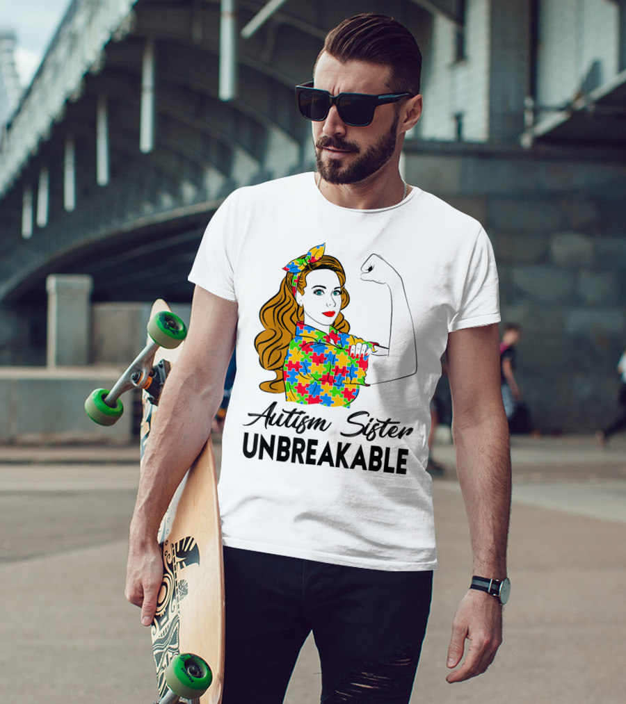 Autism Sister Unbreakable Autism Awareness Puzzle Pattern Rosie The Riveter T-Shirt