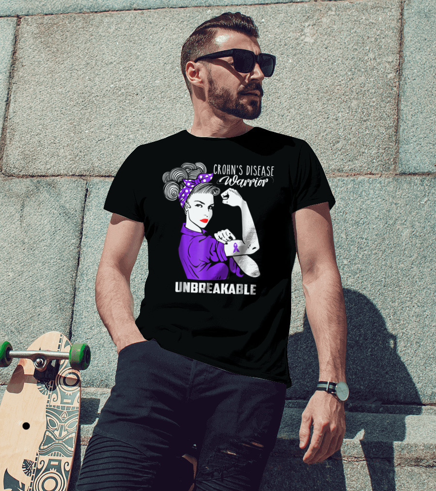 Crohn's Disease Warrior Unbreakable Awareness With Purple Ribbon Rosie The Riveter T-Shirt