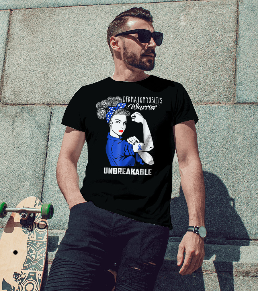 Dermatomyositis Warrior Unbreakable Awareness Flexing Rosie Icon With Blue T-Shirt
